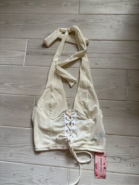 NWT Off White Ribbed Lace Up Halter